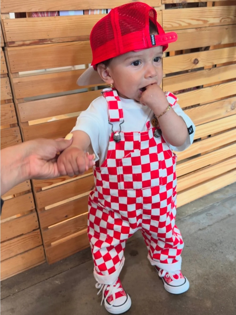 Kids Red & White Checker Denim Pocket Overalls - Little Trouble 2T Unisex - Picture 3 of 9